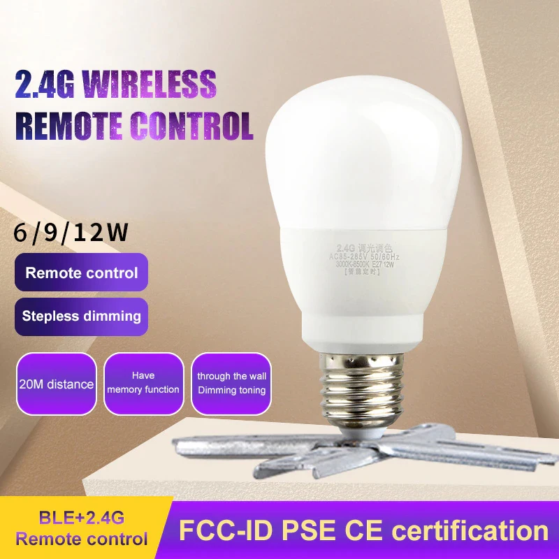 Smart LED Bulb Remote Control Two-color Stepless Dimming Toning 6W 9W 12W Timing On Off E27 AC86-265V RF 2.4G LED Bulb Lighting