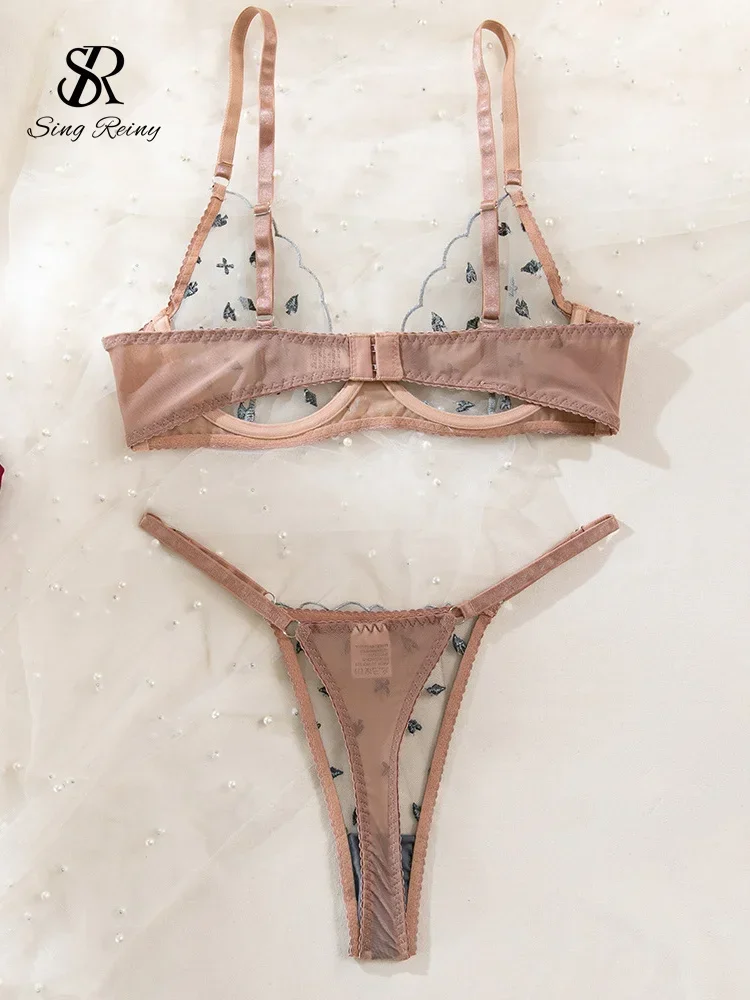 SINGREINY Set di reggiseni erotici trasparenti ricamati alla moda Lingerie aderente di alta qualità Porno Club sexy Abiti intimi trasparenti