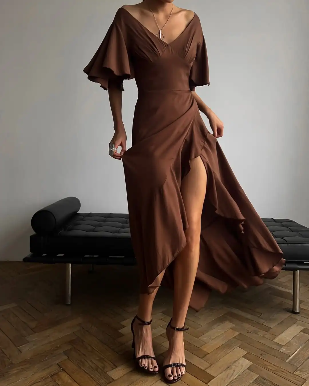 Meetlove Ankle Length Side Split V Neck Half-sleeves Prom Dresses Customized Chiffon Elegant Brown Formal Gowns 2025 Women