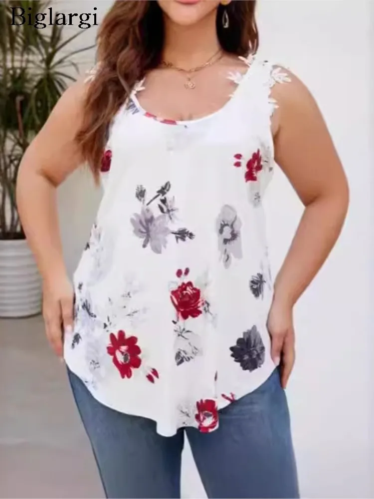 

Plus Size Sleeveless Embroidery Patchwork Slip Summer Tops Women Flower Print Fashion Pleated Ladies Blouses Loose Woman Tops