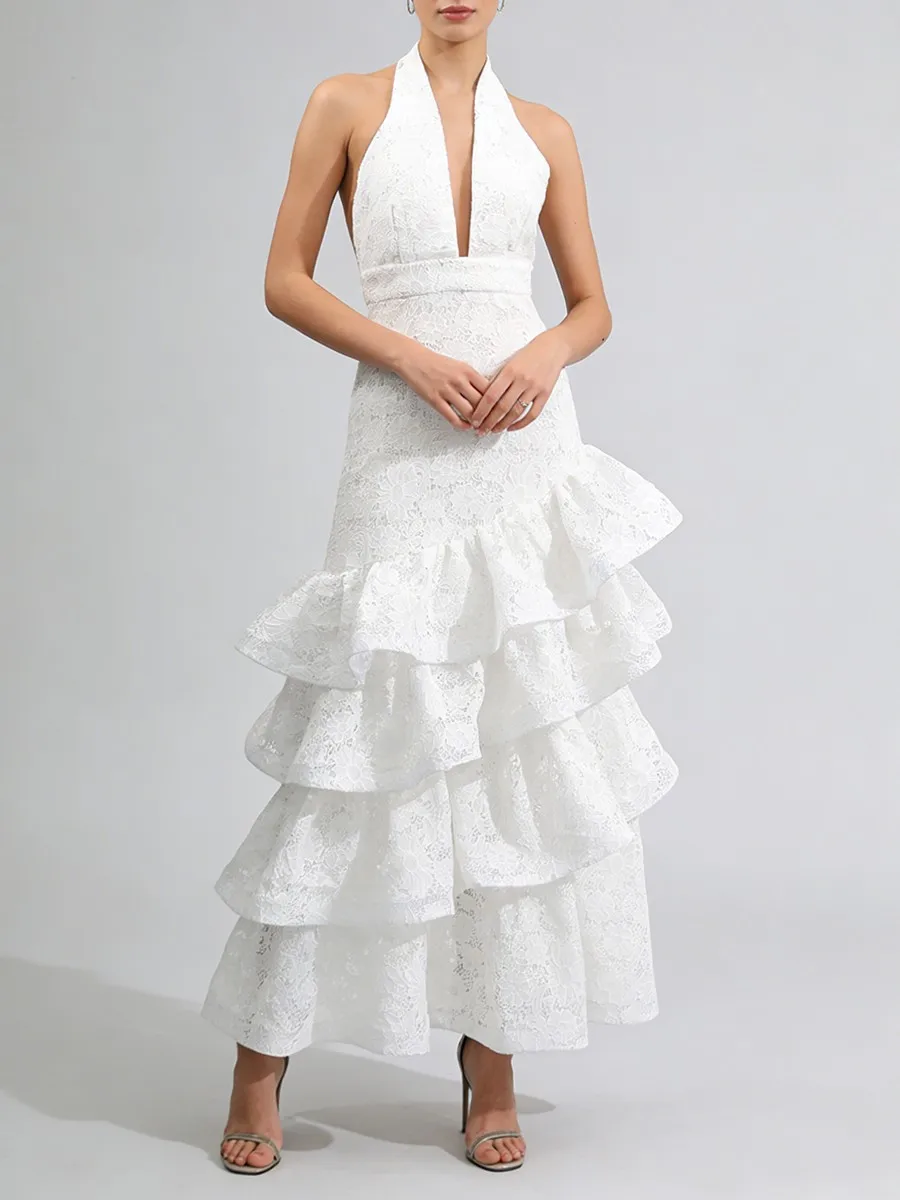 Vestidos Minimalistas Sexy com Renda em Camadas para Mulheres, Halter, Sem Mangas, Costas Descobertas, Vestido com Pregas e Ruffles Feminino 2026