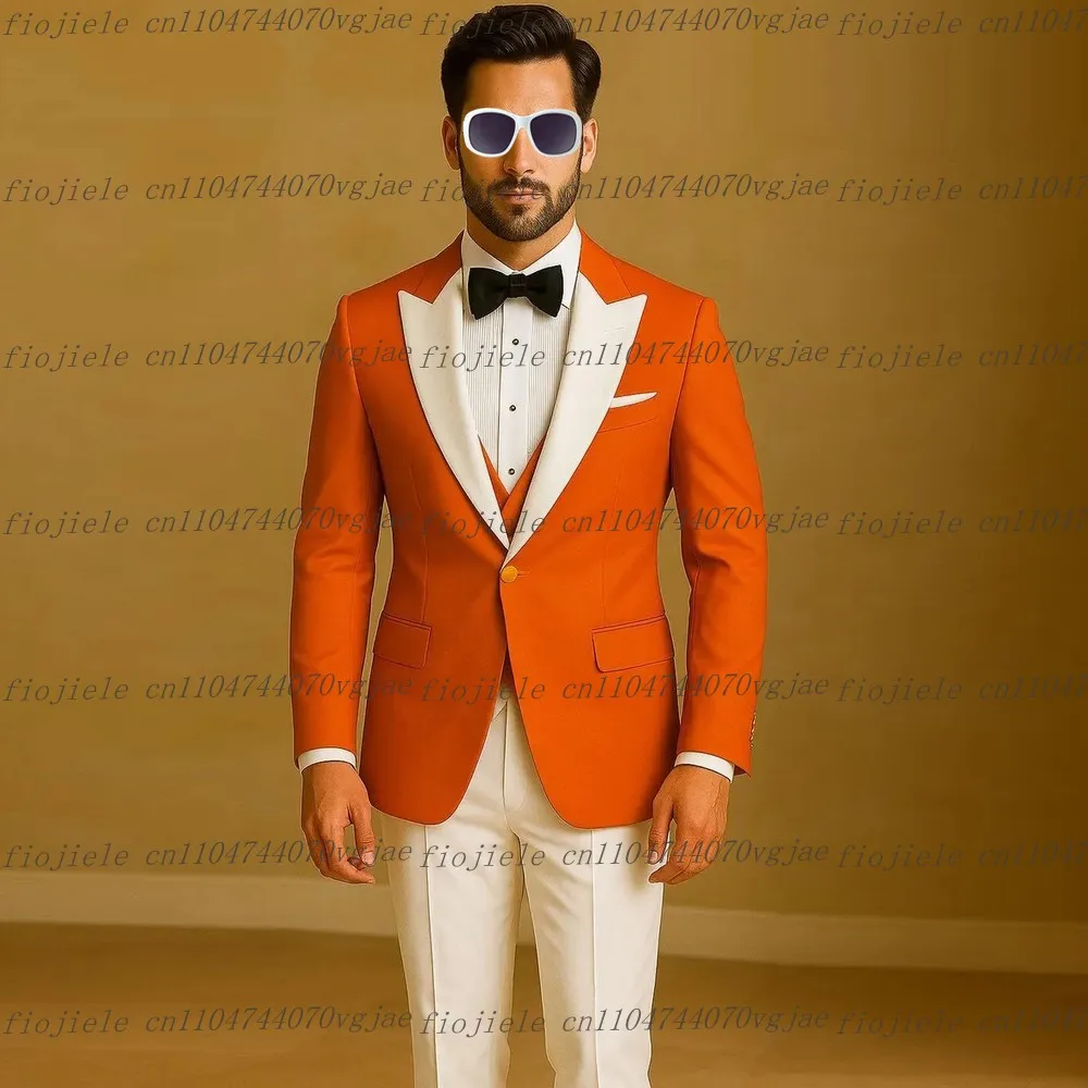 

Orange And White Men Suit Formal Wedding Party Groom Business Male Tuxedos Customized 3 Piece Set Jacket Vest Pants