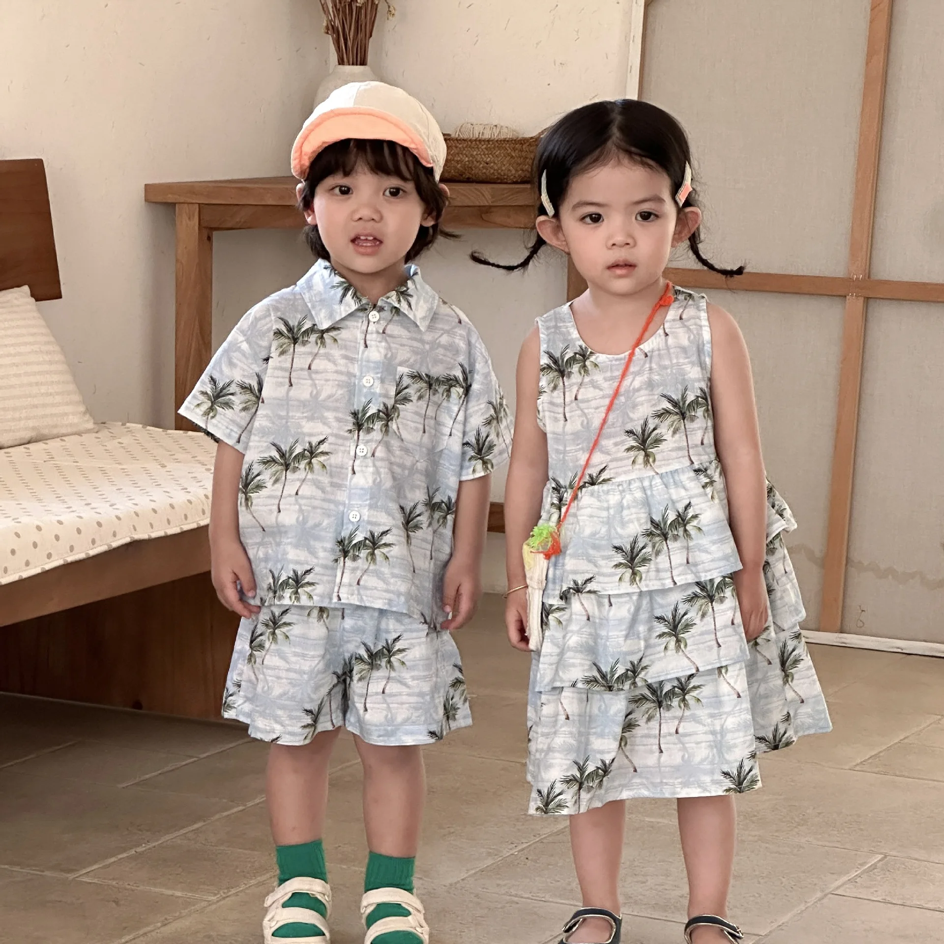 2026 Summer Kids Clothing Set Vacation Style Boys T shirt And Shorts 2 PCs Suit Brother And Sisters Clothes Girls Dress