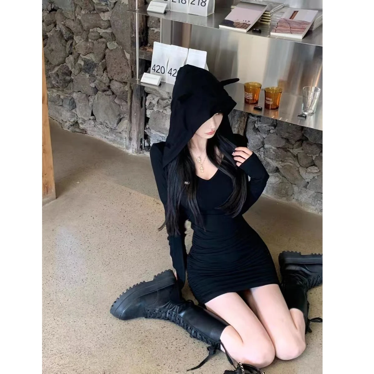 Vestidos de manga comprida vestido feminino casamentos outono malhas com nervuras em camadas painéis abotoados gola alta linha h estilo grunge elegante