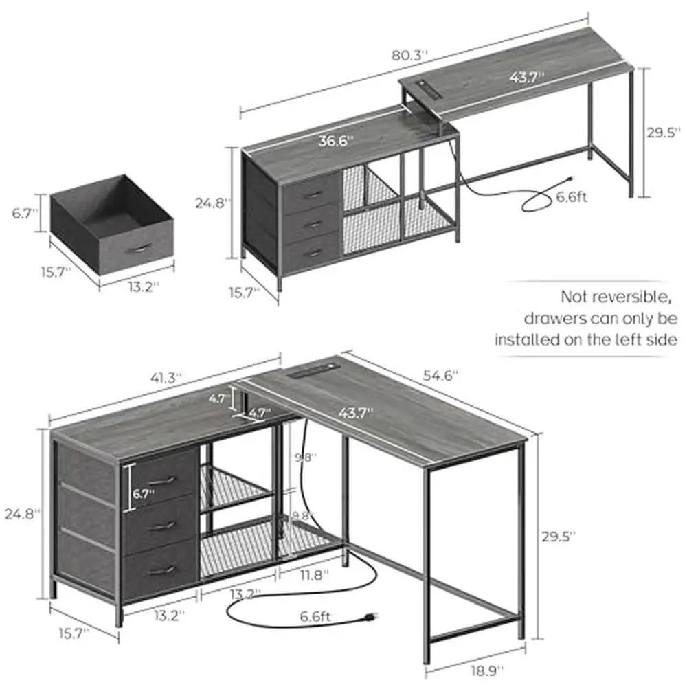 Meja game sudut dengan stopkontak daya & port USB, Meja Komputer bentuk L dengan laci & rak, Meja rak abu-abu untuk kantor, rumah