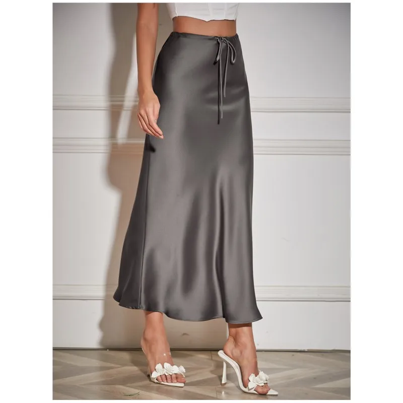 High Quality Satin Long Skirt High-waisted Drawstring Tie Solid Color Skirt For Women