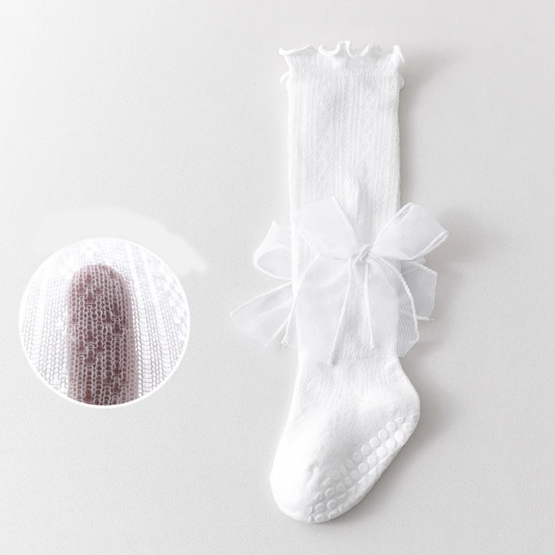 Breathable Mesh Design Children's Long Socks Nonslip Grip Dotted Stockings Cotton Bowknot Accent Summer Wear 425F