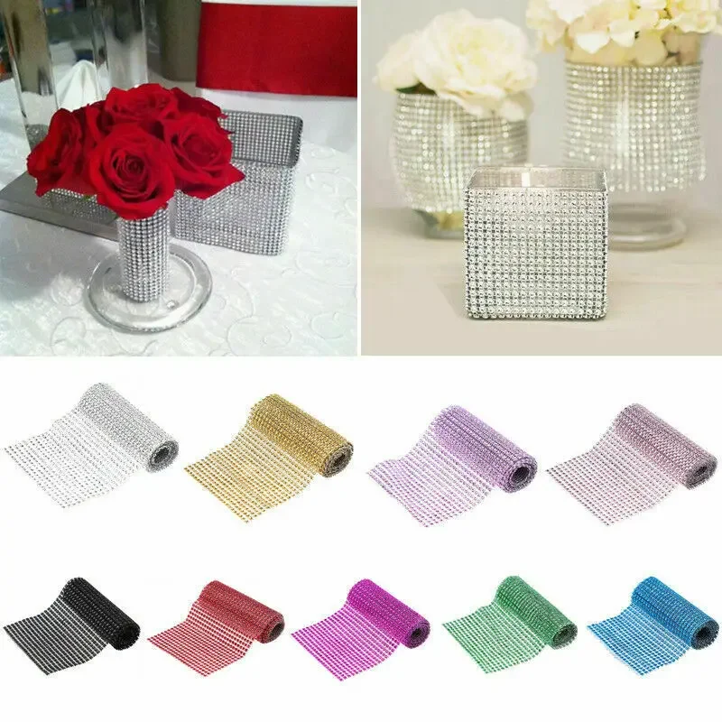 24Row Rhinestone Roll Crystal Mesh Ribbons Wrap Glitter Bling Diamond Drill Mesh Ribbon Trim for Wedding Party Vase Decoration