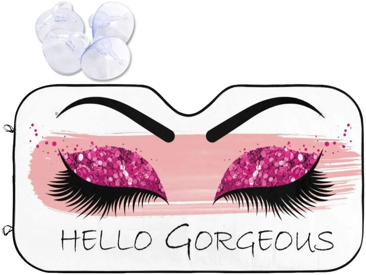 Hello Gorgeous Car Front Windshield Sun Shades, Pink Glittering Eyelash Makeup Auto Window Sunshade, Summer UV Rays Blocker Viso