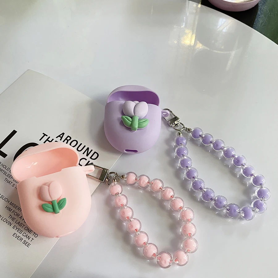 Cute Case for xiaomi Redmi buds 3 Pro / Airdots 3 Pro Case tulips / Daisy flower Earphone Silicone cover with Keychain Lanyard