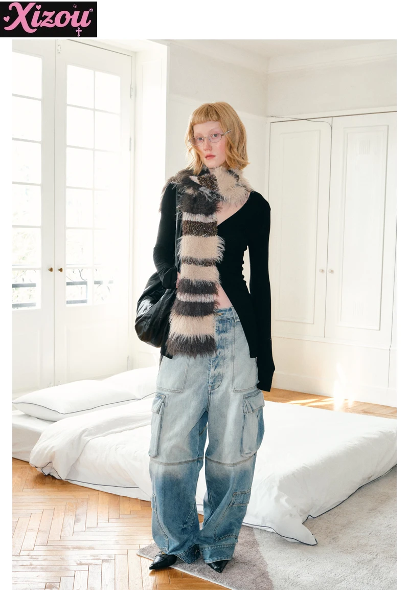 

Зимний новый нишевый дизайн, ленивый теплый полосатый пушистый мягкий восковой шарф, модный универсальный зарубежный контрастный цветной шарфCha Mai Brown