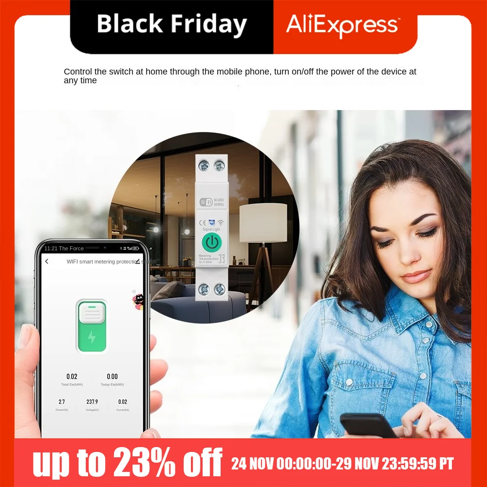 

Умный Wi-Fi выключатель с дистанционным голосовым управлением Tuya, статистикой потребления электроэнергии