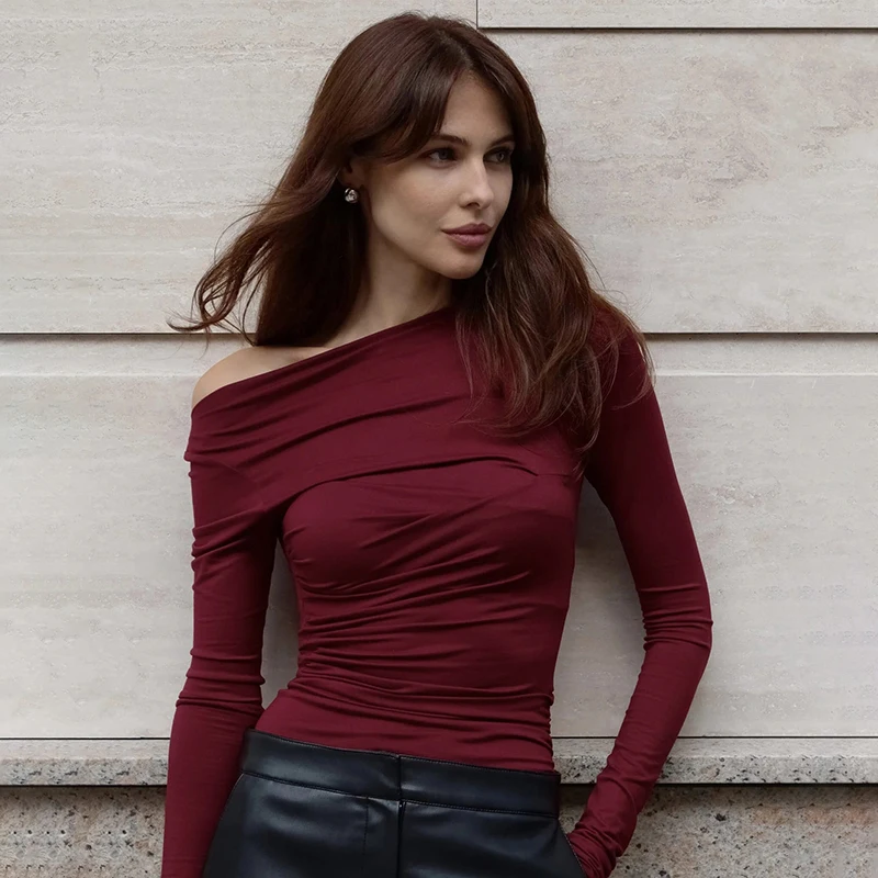 CUTENOVA 2024 Autumn And Winter Women'S Solid Color Strapless Slant Neck Asymmetric Pleated Long Sleeve Slim T-Shirt Top Basic