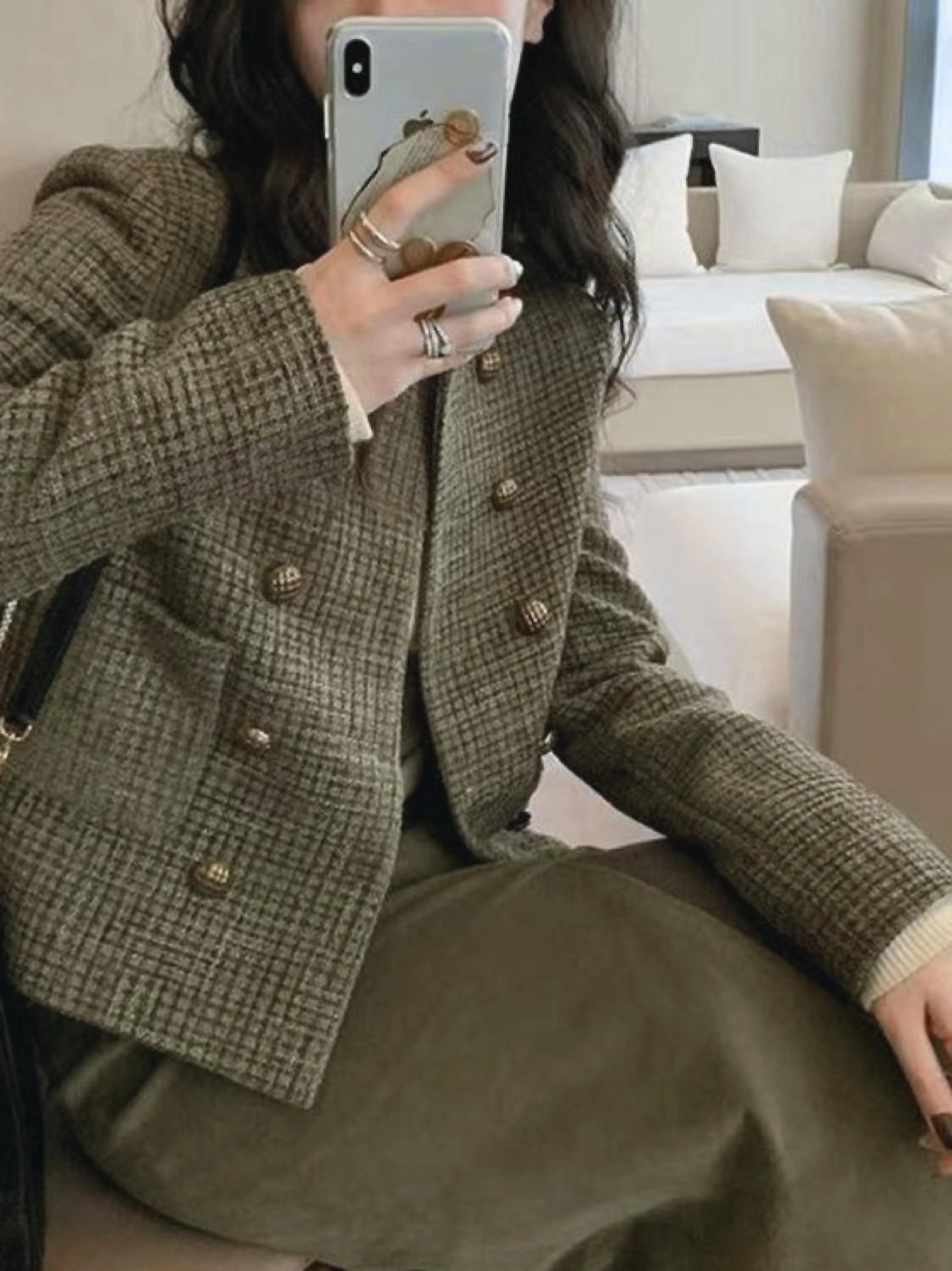 

Твидовый жакет темно-синий женский зимний плюшевый винтажный плиссированный в стиле бохо-шик с кисточками на пуговицах, элегантный минимализм, приталенный, в стиле Харадзюку