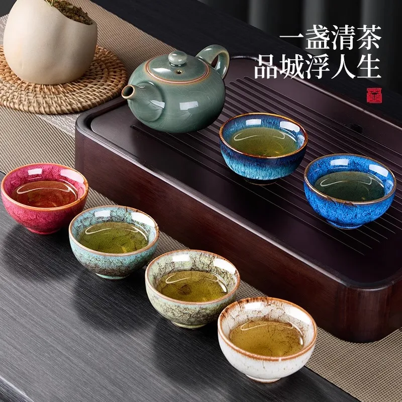 6pcs Tea Cup Tea Set Gift Box Ceramic Five Elements Cup Home Use Tea Bowl Tea Chalice Porcelain Master Cup Colorful