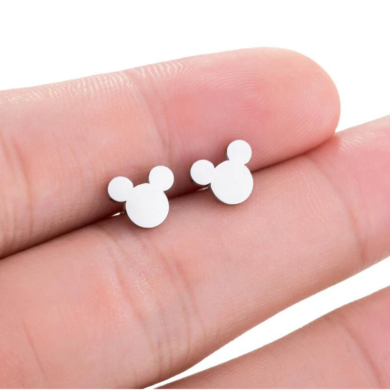 Cute Small Mickey Head Stud Earring Gold Silver Color Stainless Steel Minnie Mouse Charm Jewelry For Women Girls Party Gift