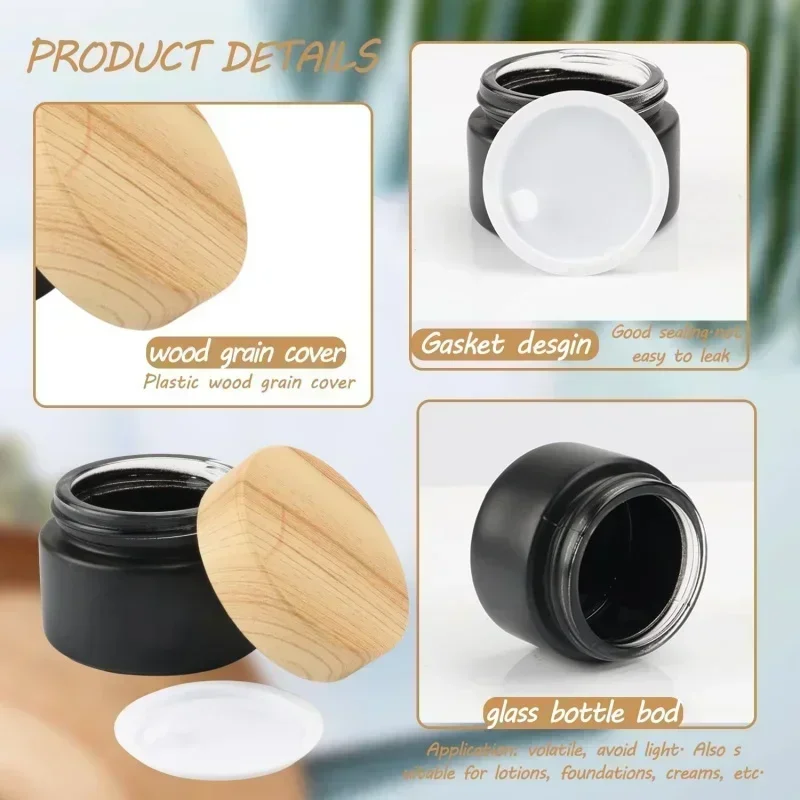 

1/2Pcs 20g/0.7oz Refillable Cosmetic Jars Vials Wood Grain Lid Foundation Lotion Black Glass Cream Jars Empty Sample Containers