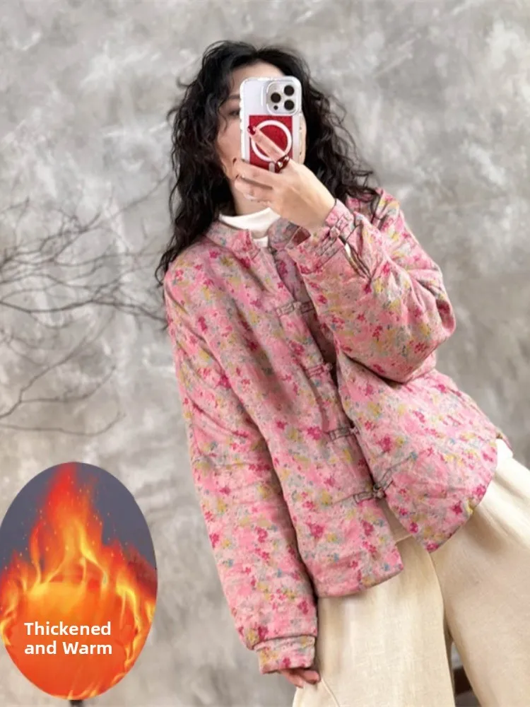 

Floral Print Cotton Jaet Women's Winter Thin Cotton Padded Coat Tang Suit Button Home Cottonwear Small Coat Loose Fit
