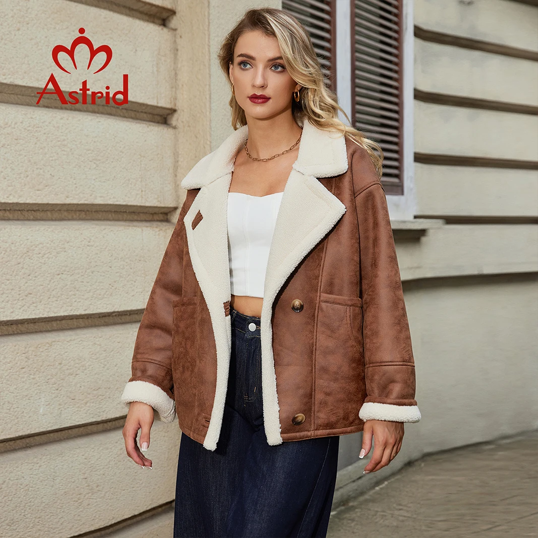 Astrid 2024 Winter Faux Leather Jacket Women Warm Fur Collar Padded Coat Female PU Parkas Fashion Fur leather Outerwear girls