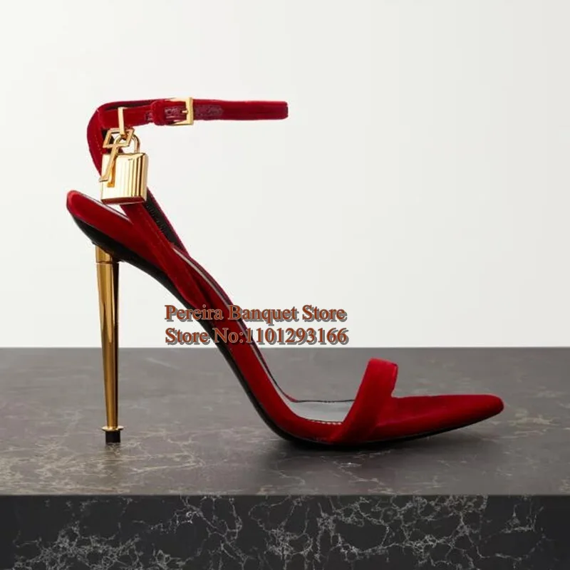 Sexy Padlock Velvet High Heel Sandals Golden Metal Stiletto Heels High Women Celebrating Party Shoes Pink Red Black Footwear