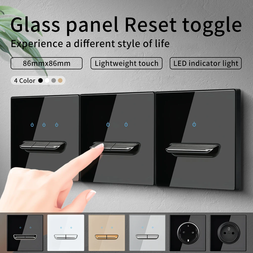 

European LED Glass Panel Wall Switch 16A Power Socket R Household Rocker Light Switch