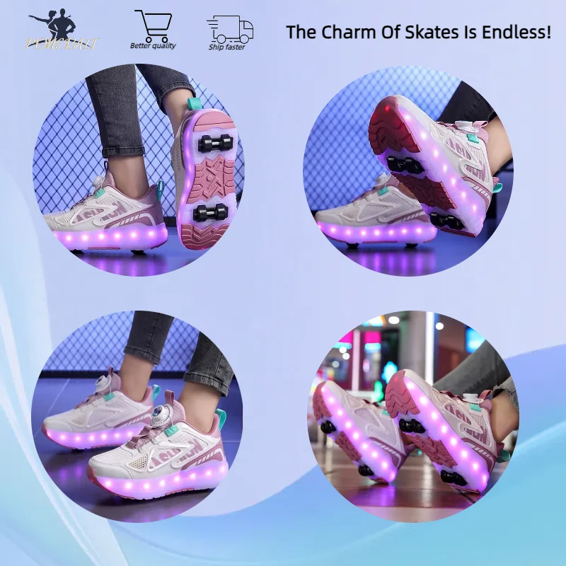 Teenage Girls Skates Luminous Student Children\'s 4 Wheel Dual-use Detachable Roller Skates Outdoor Leisure Wheeled Sports Shoes