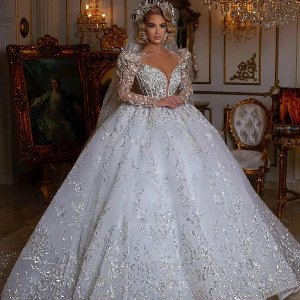 Customized O-Neck Tulle Ball Gown Wedding Dress Long Sleeve Vintage Illusion Sweep Train Glitter Bridal Gown vestido de novia