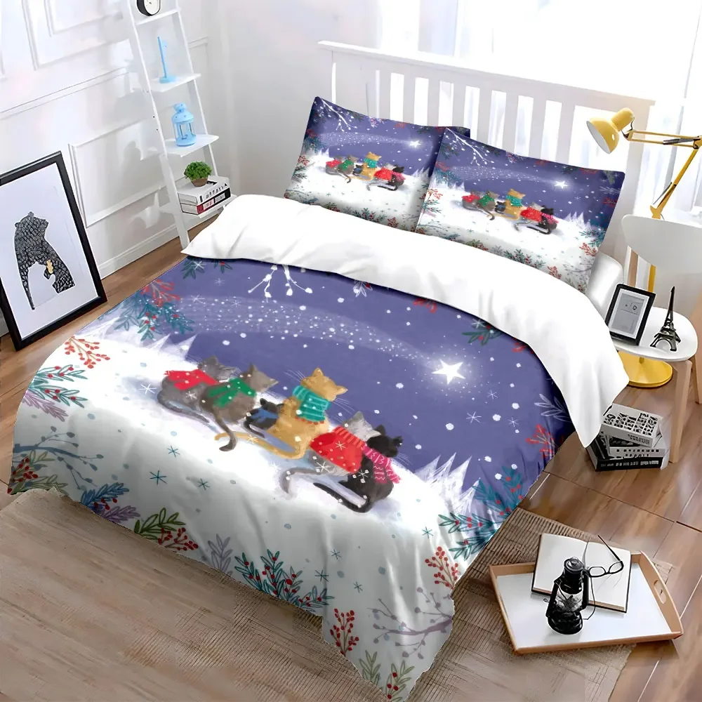 Cats Winter Night Decoration Set Soft Comfortable Duvet Cover Bedding Set Included 1*Duvet Cover & 2*Pillowcases, gift