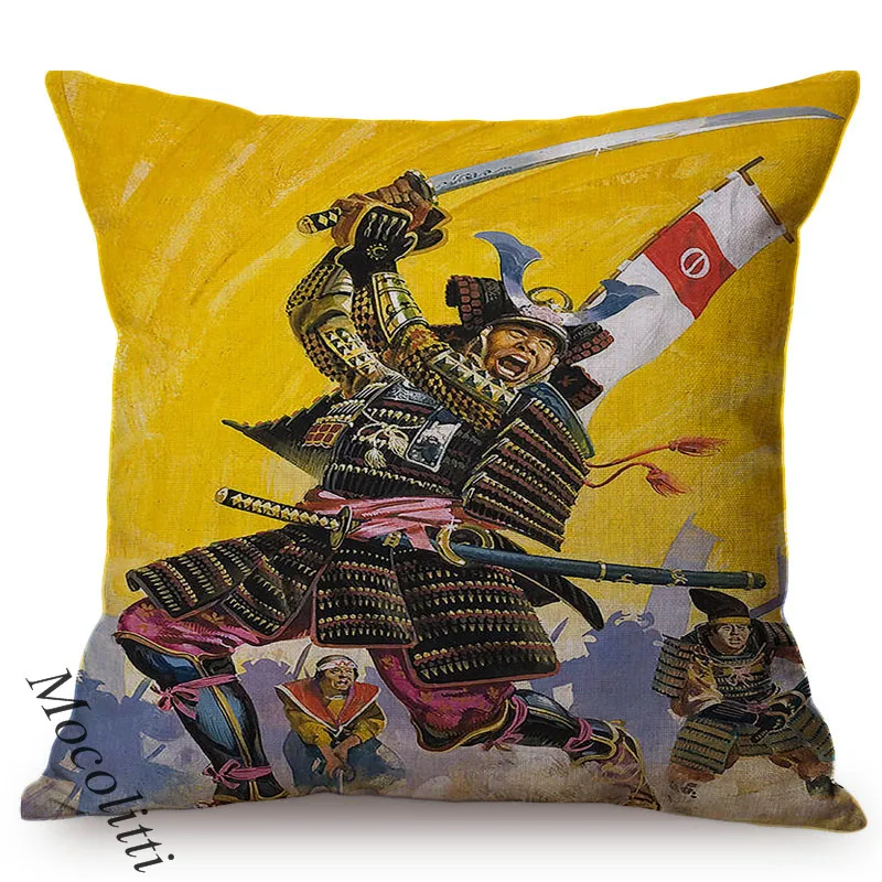 Japanese Samurai General Lords Classical Hunt Dressed Art Home Decoration Cotton Linen Cushion Cover Car Sofa Throw Pillow Cover