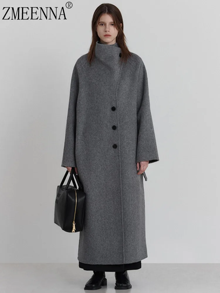 

ZMEENNA Women's Grey Wool Blend Stand Collar Long Coat With Button Closure Loose Fit Warm Modern Casual Style ZM3510