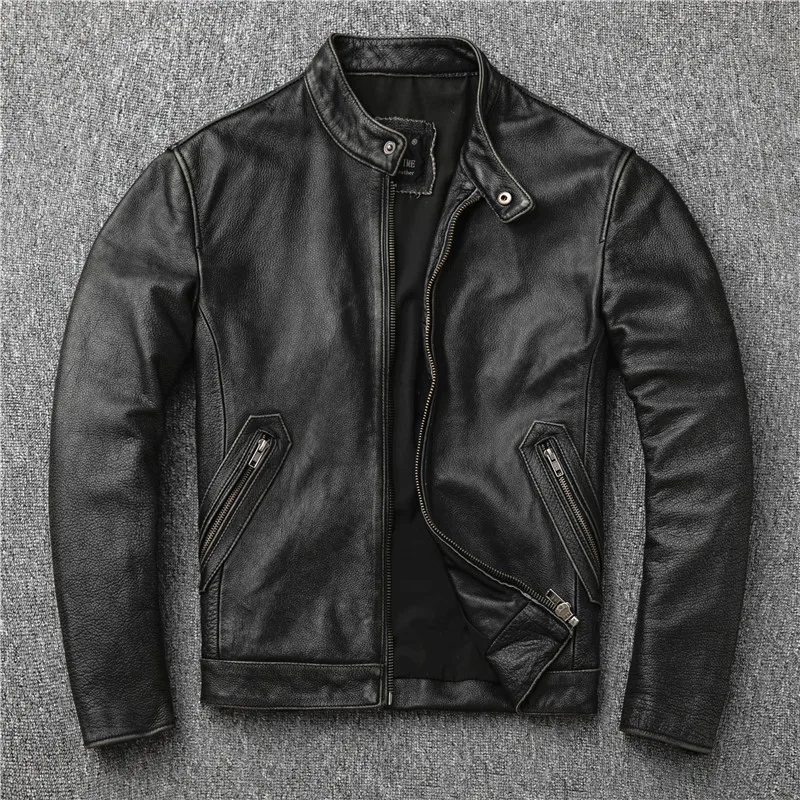 

YR!Free shipping.classic casual genuine leather jacket.cool slim cowhide coat.plus size men fashion leather jacket.