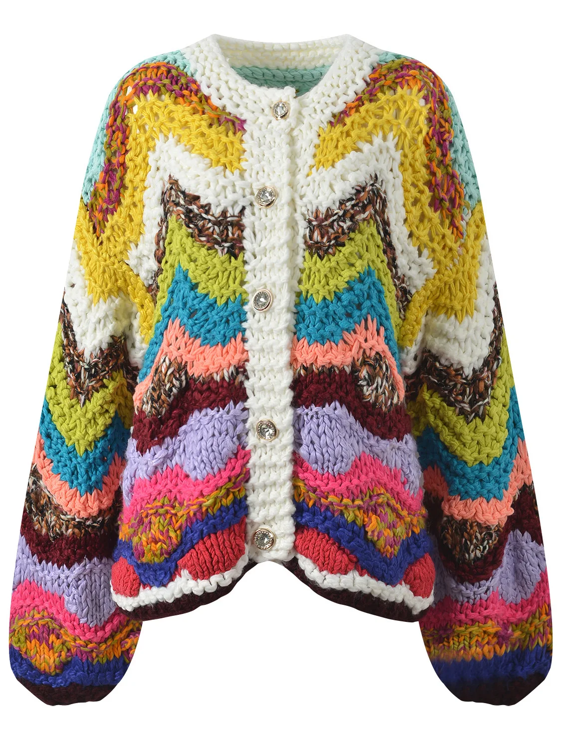 

Осенний вязаный кардиган 2025 года ручной работы с цветными блоками, круглым вырезом, свободного кроя, повседневный, с длинными рукавами, на пуговицах спереди