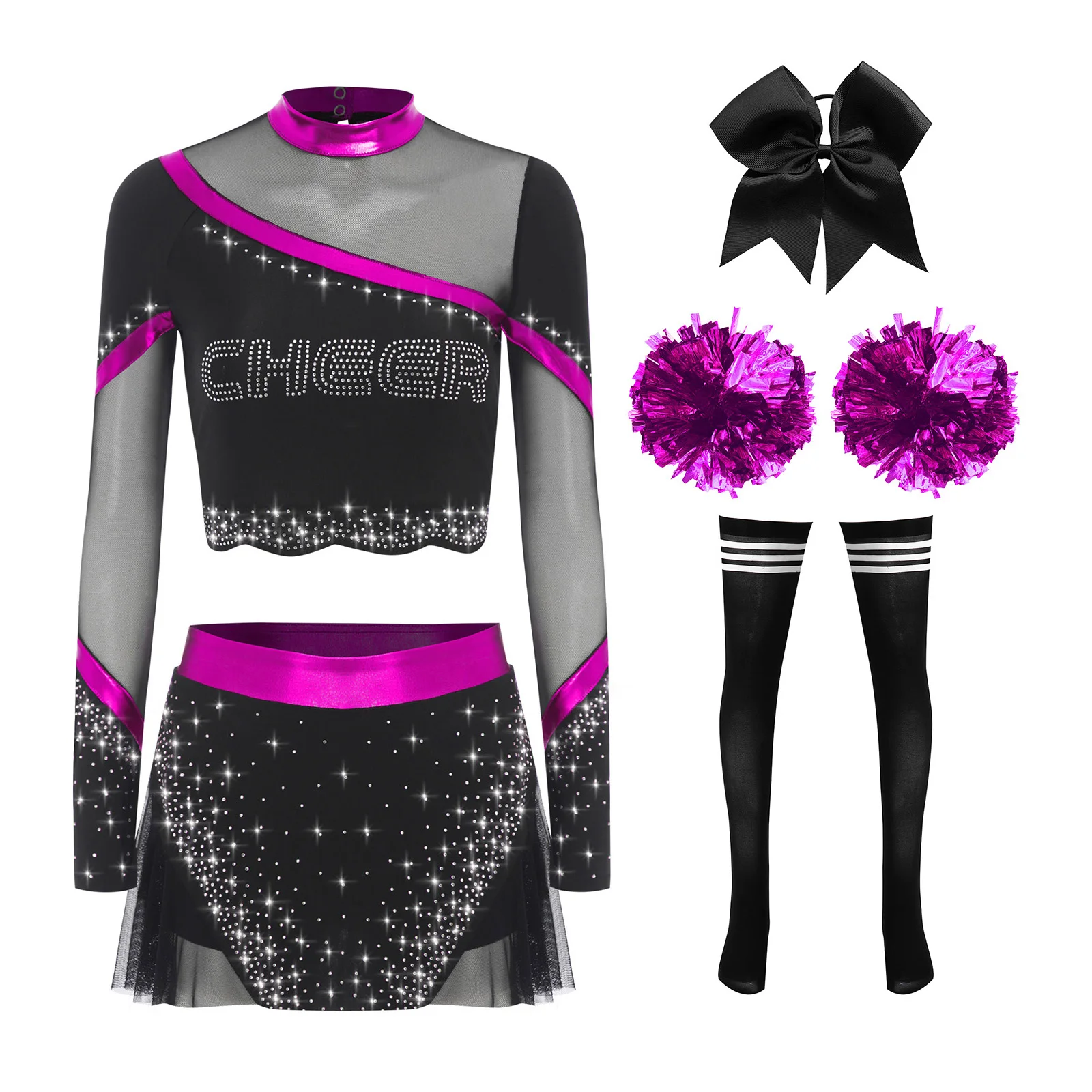 

Women Football Basketball Competition Cheer Dance Outfit Crop Tops with Skirt Striped Socks Flower Ball And Bow Hairband Set