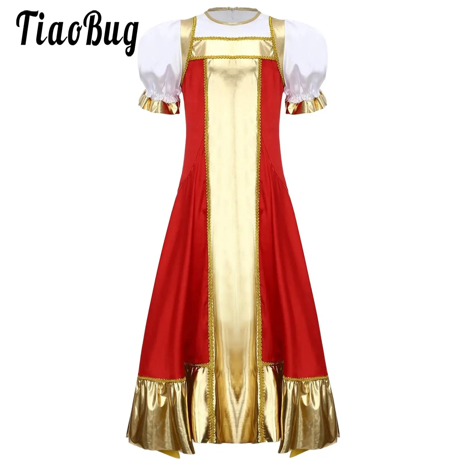 

Kids Girls Halloween Retro Russian Princess Costume Dress Color Block Patchwork Short Sleeve Gold Webbing Metallic Long Dress
