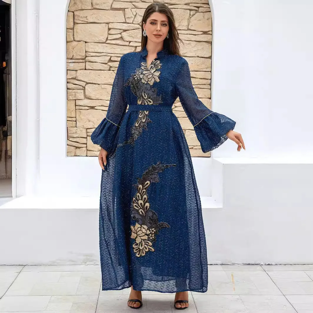 

Muslim Women's Clothing 2024 New Yadi Dress Navy Blue Regular Long-sleeved Lace Embroidered Temperament Commute Dubai Loose Robe