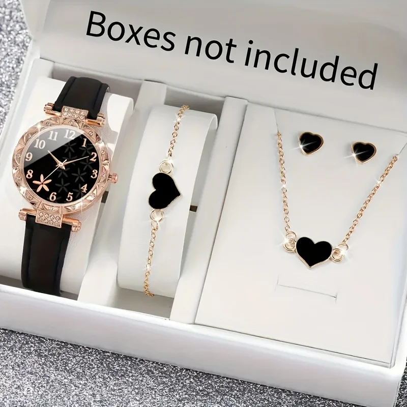 5 Pack Black Round Quartz Watch PU Leather Watch Alloy Case and Heart Shape Bracelet Necklace Earrings Jewelry Gifts for Mom