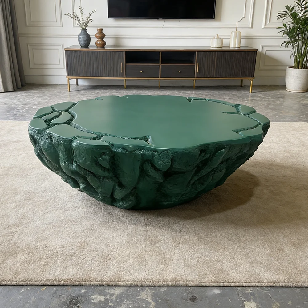 loLuxury Forest Green Coffee Table Unique Rock Texture Fiberglass Center Cocktail Desk Artistic Resin Living Room Furniture&