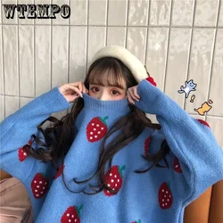 WTEMPO Women's Long Sleeve Fall Strawberries Sweater Cute Girl Knitwear Loose Crewneck Knitted Jumper Pullover Knitting Tops