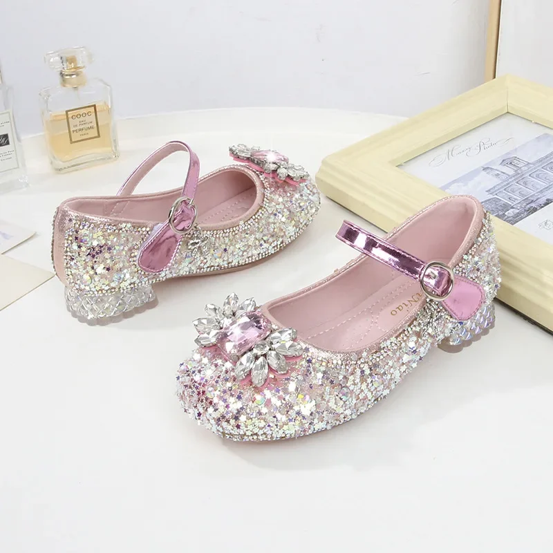 Bambini ragazze tacchi alti bambine calzature da principessa in pelle di cristallo nuove feste per bambini, balli, scarpe con paillettes per