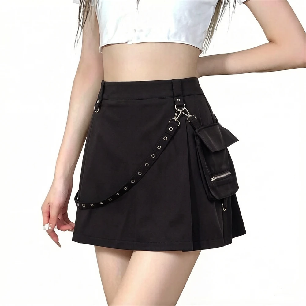 Punk Black Skirt Harajuku Gothic Women's Series Workwear Pleated Summer Outfit Street Sle A-Line Skirts