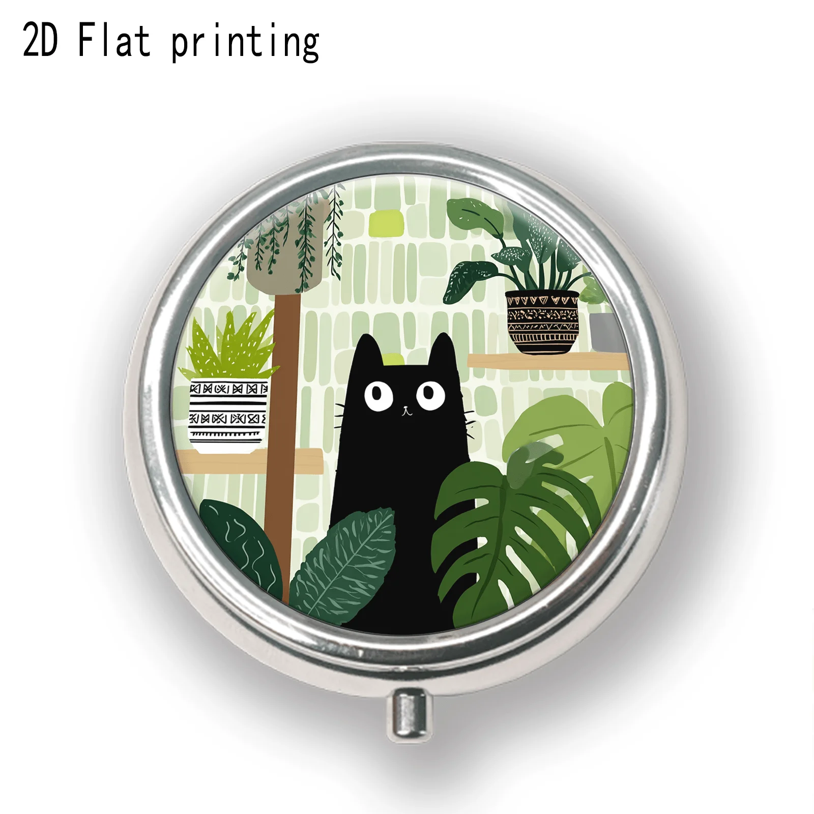 A Flat, Simple, Cartoon-Style Black Cat and Green Plant Pattern Round Three-Compartment Small Pill Box, Portable Medicine Storage Box, Small Jewelry Organizer Box. Suitable for Placing in a Pocket, Handbag, or for Travel. It Is an Ideal Choice for Holiday Gifts, Souvenirs, Prizes, or Small Gifts.