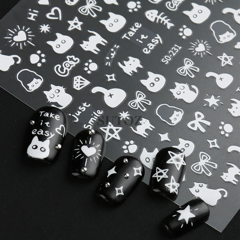 Black Cat Nail Stickers Cute Cartoon Pop Comic Nail Decals Y2K Kawaii Bows Charms Love Heart Words Sliders for Manicure NLSO-231