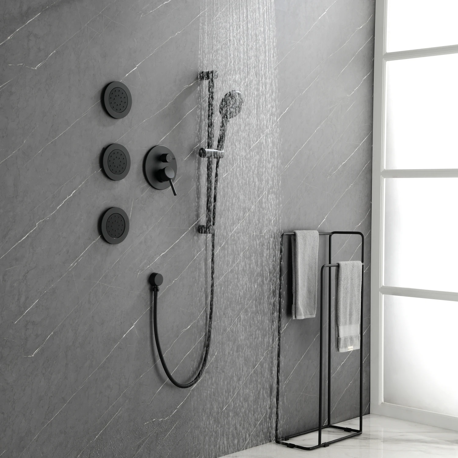 

Shower System with Shower Head, Hand Shower, Slide Bar, Bodysprays, Shower Arm, Hose, Valve Trim, and Lever Handles