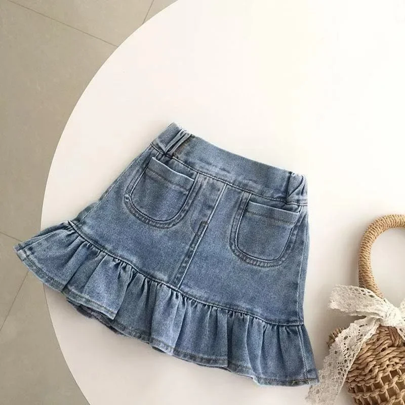 Children Sets O-neck Bubble Sleeved Solid Top  New Summer Baby Denim Short Skirt with Ruffle Edge Wrap Buttocks Fish Tail