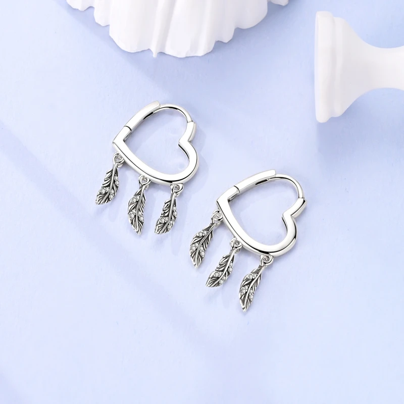 

925 Sterling Silver Sparkling Earrings Women Heart Shape Feather Tassel Drop Earring For Anniversary Wedding Jewelry Gifts