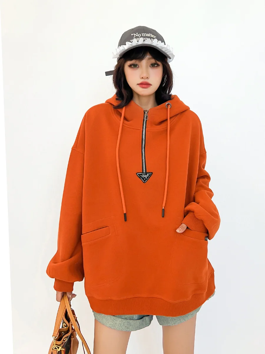 European Goods High-end Hooded Sweatshirts Women's Design Zipper Semi-open Neck Jacket Hoodie Coat Oversized Hoodie Autumn