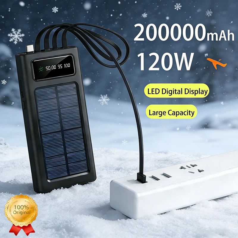 

200000 мАч 120 Вт аккумулятор на солнечной батарее со встроенным кабелем портативный сверхбыстрый зарядный аккумулятор на солнечной батарее для телефона Xiaomi Apple Android
