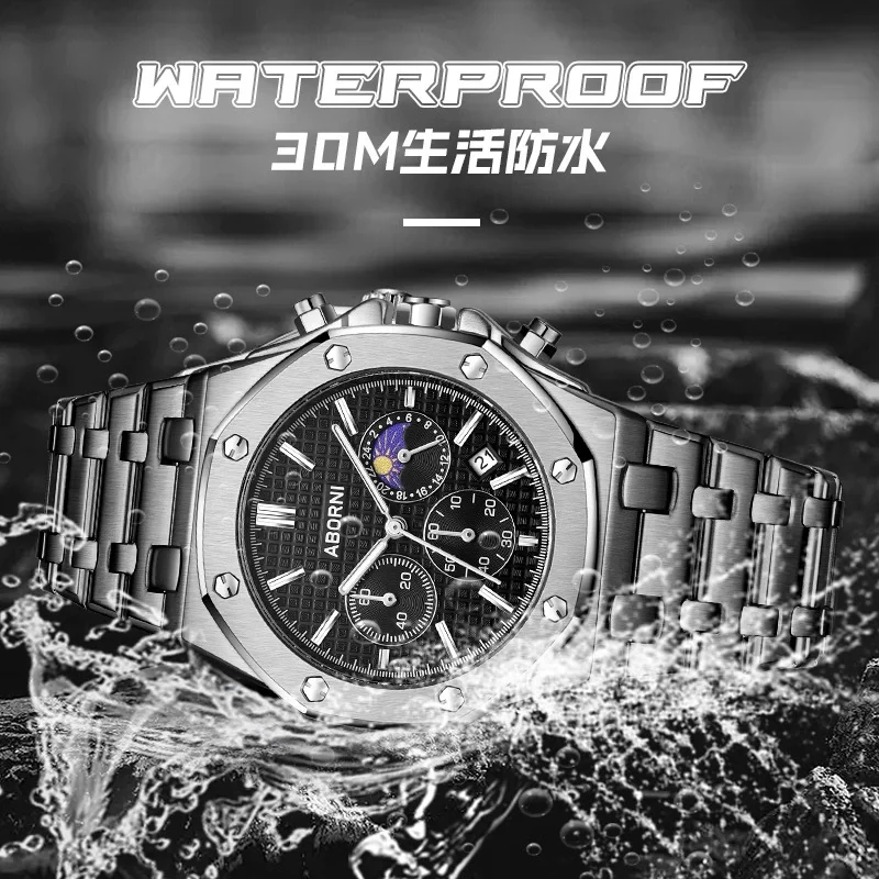 2025 ساعة رجالية جديدة من أفضل العلامات التجارية متعددة الوظائف مرحلة القمر الصلبة الفولاذ المقاوم للصدأ ساعة متعددة الوظائف ساعة رجالي
