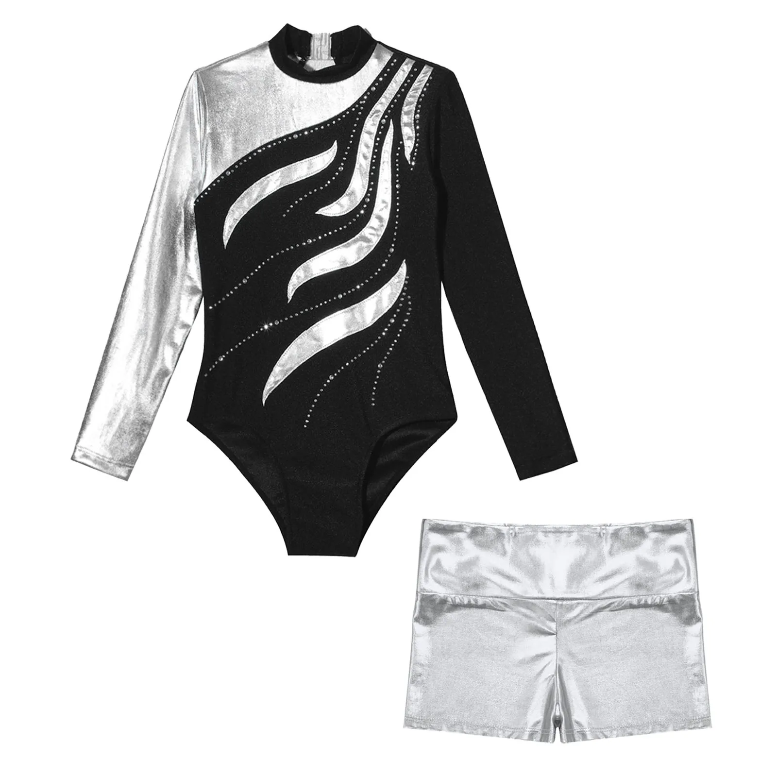 

Kids Girls Ballet Gymnastics Leotards Dancewear Shiny Metallic Long Sleeve Rhinestones Patchwork Leotard Bodysuit+Shorts Outfits