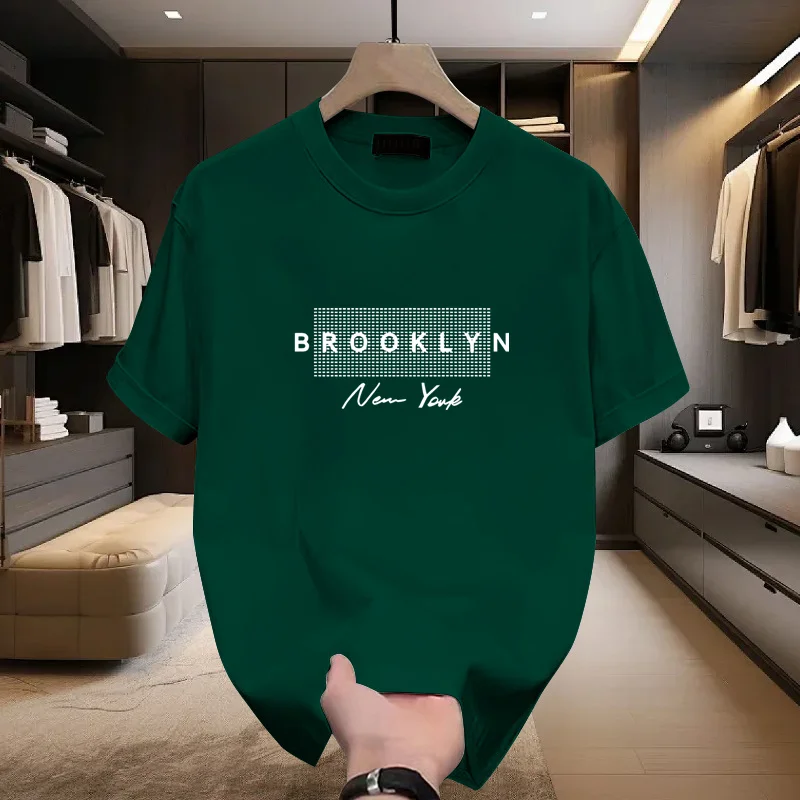 تي شيرت رجالي قطني بأكمام قصيرة على الموضة لصيف 2025 برقبة دائرية وأحرف فضفاضة مطبوعة فتل الرطوبة والتعرق